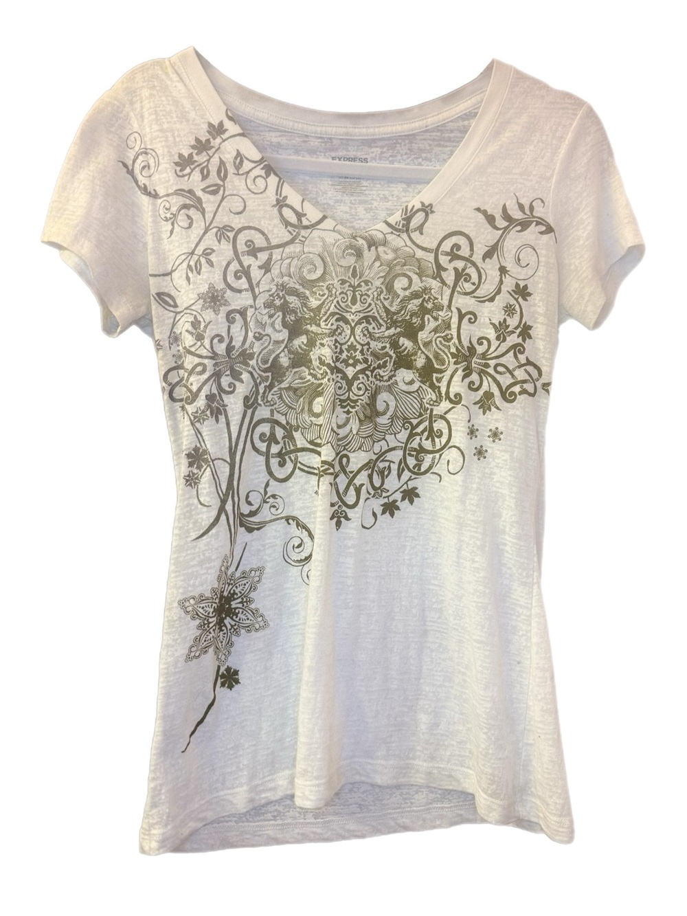 Express White & Grey V-Neck Tee, y2k floral and vine design, Women's Size S